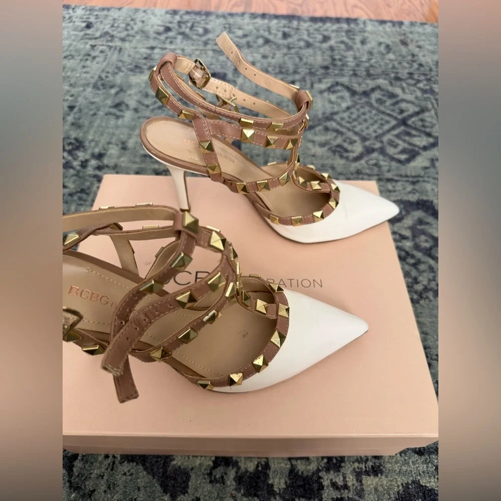 BCBGeneration Women's White and Tan Studded Heels - Picture 4 of 8